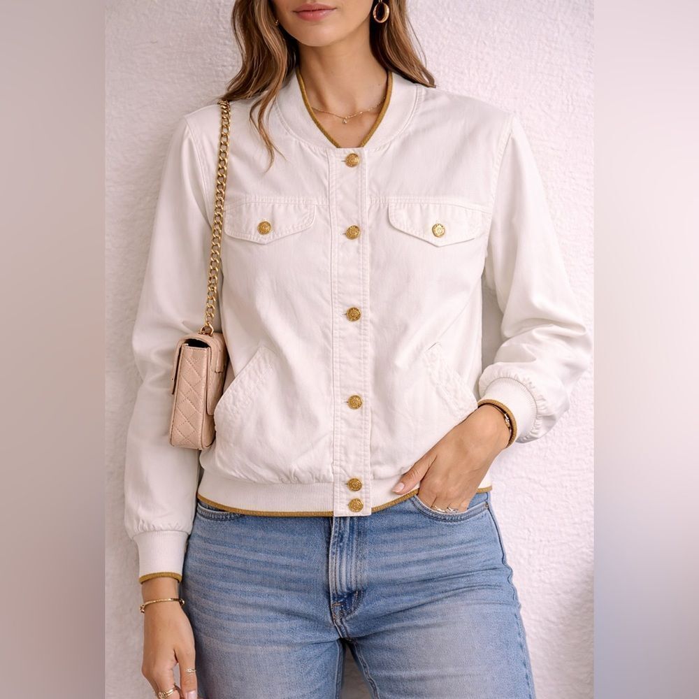 Vintage Alexon White Bomber Jacket Gold Trim Crest Button Front Size 12